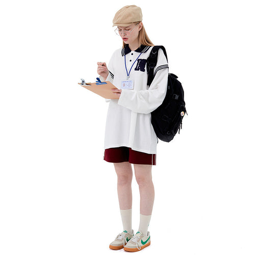 Age-Reducing College Style Polo Shirt Lapel Men And Women Couples Loose Long Sleeves