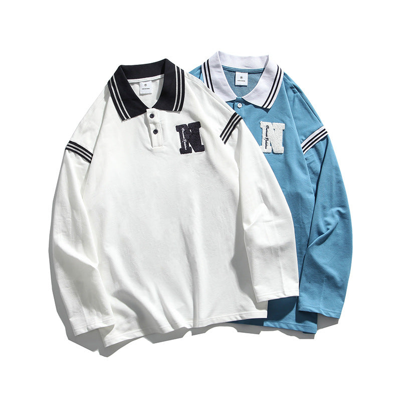 Age-Reducing College Style Polo Shirt Lapel Men And Women Couples Loose Long Sleeves
