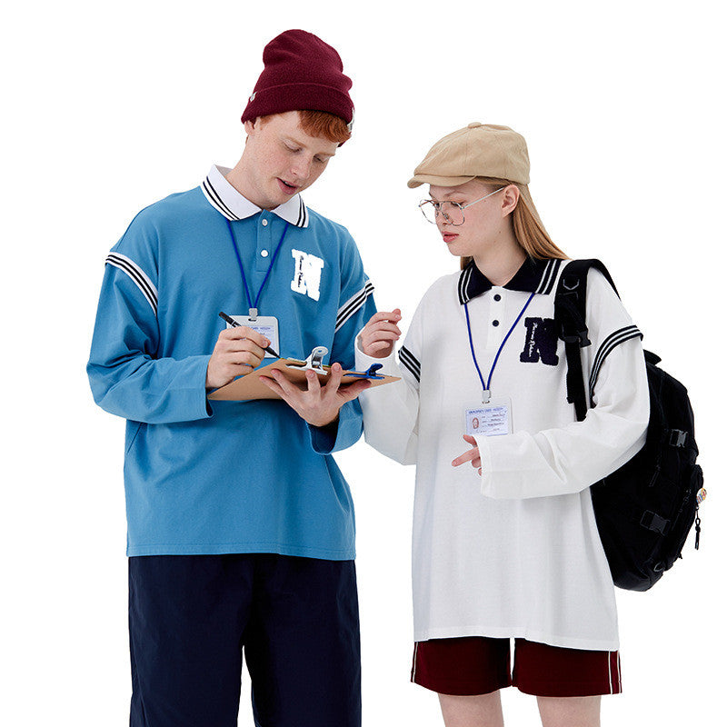 Age-Reducing College Style Polo Shirt Lapel Men And Women Couples Loose Long Sleeves