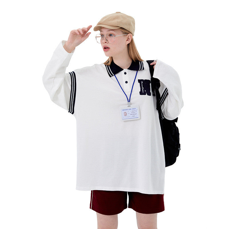 Age-Reducing College Style Polo Shirt Lapel Men And Women Couples Loose Long Sleeves