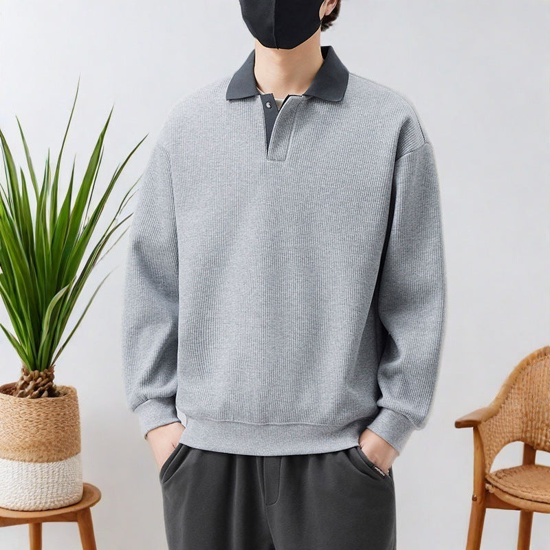 Fleece-lined V-neck Long Sleeve Casual Men's Clothing Polo Collar Top