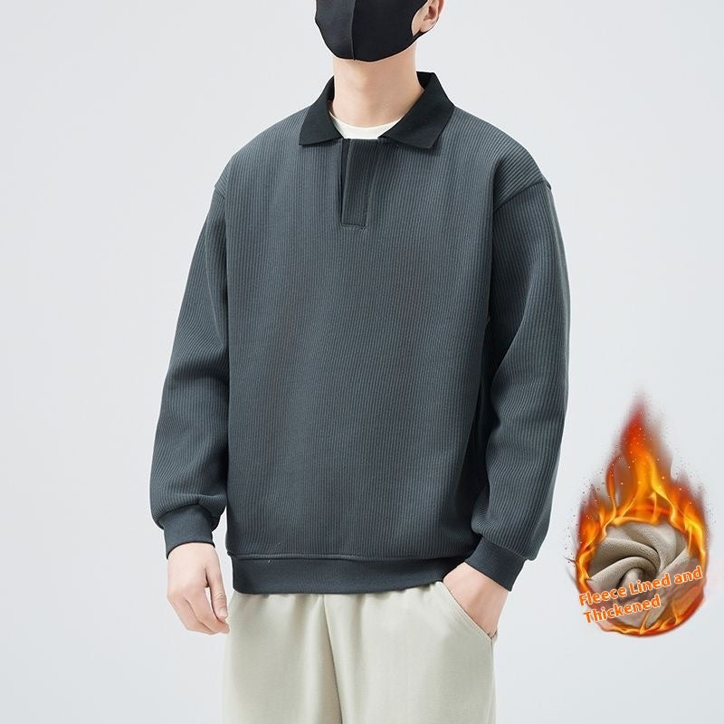 Fleece-lined V-neck Long Sleeve Casual Men's Clothing Polo Collar Top