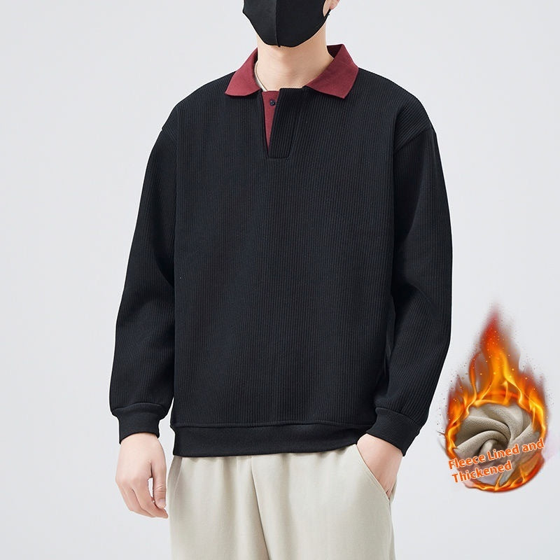 Fleece-lined V-neck Long Sleeve Casual Men's Clothing Polo Collar Top