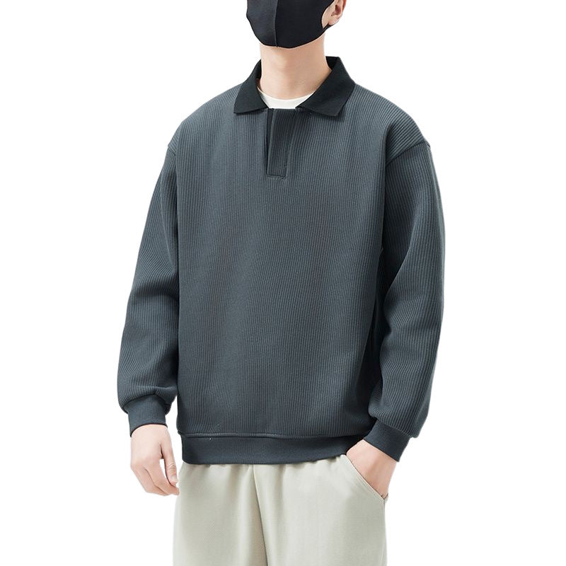 Fleece-lined V-neck Long Sleeve Casual Men's Clothing Polo Collar Top